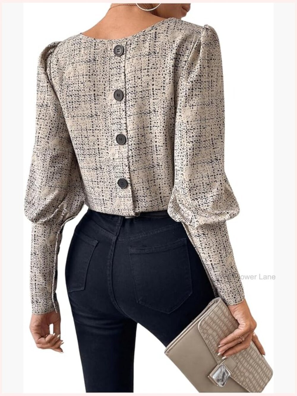 Button Back Work Blouse Leg of Mutton Long Sleeve Business Dressy Corporate Top